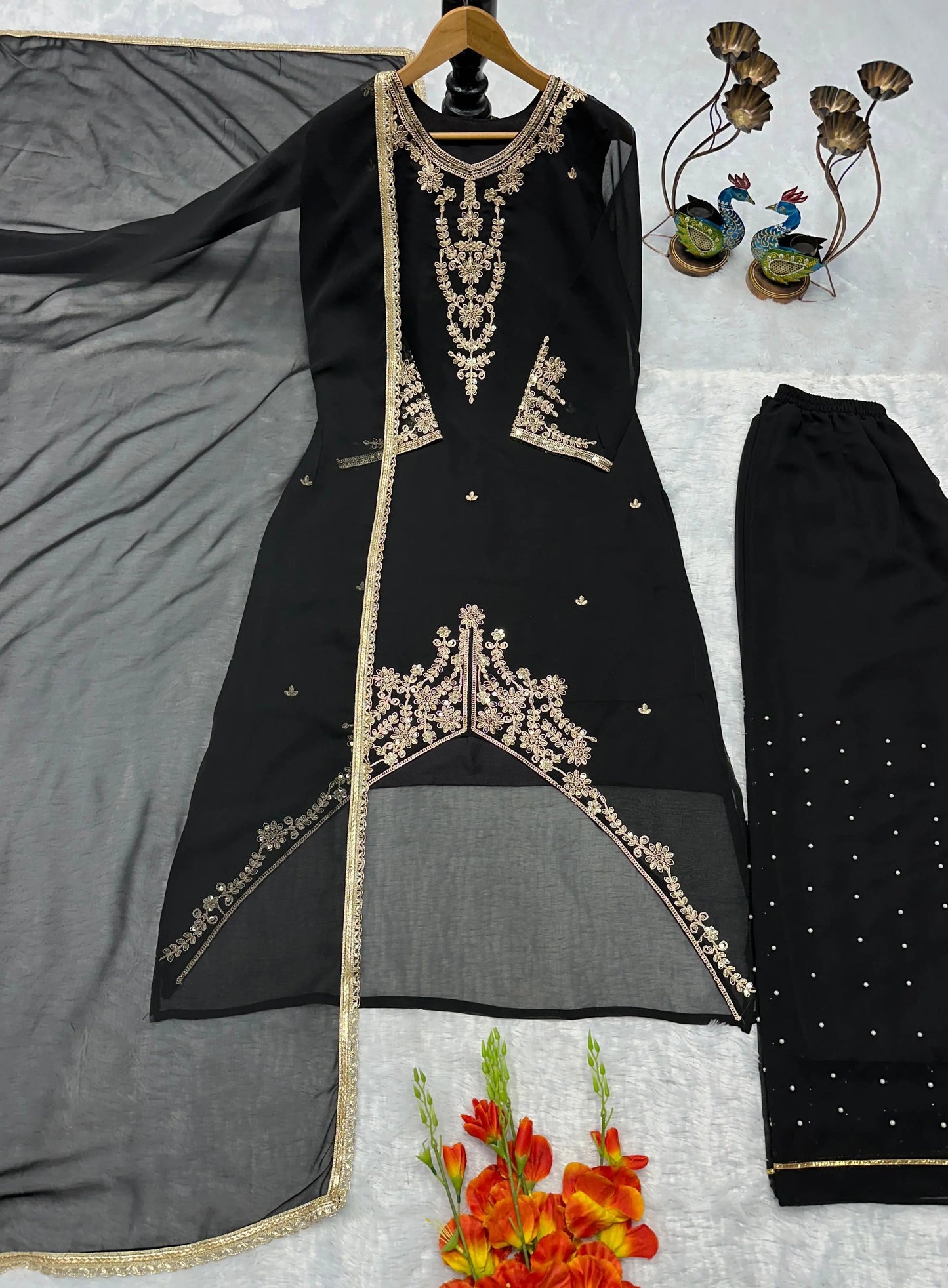 Faux Georgette Designer Ready Wear Kurti Pallazo Dupatta Set Ethenika.com