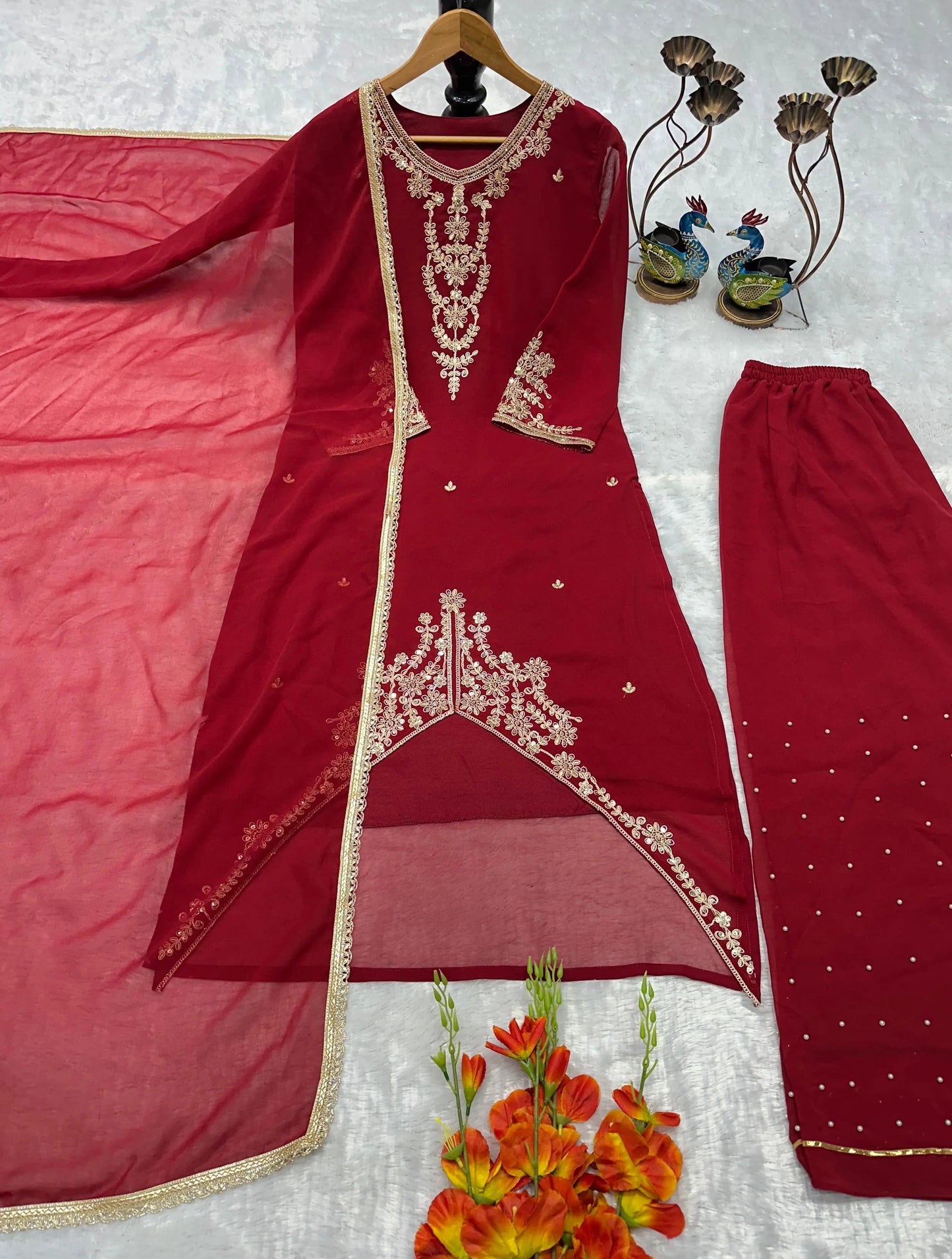 Faux Georgette Designer Ready Wear Kurti Pallazo Dupatta Set Ethenika.com