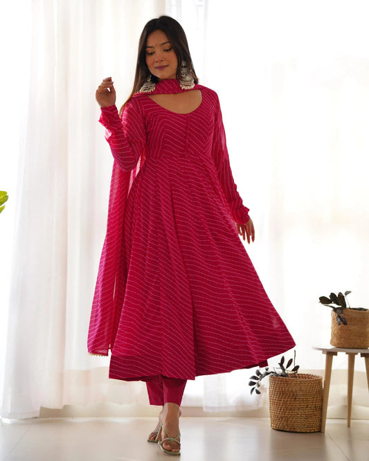 Faux Georgette Leheriya Print Anarkali 4M Flair Kurti Pant Dupatta Set (Ready To Wear) Ethenika.com