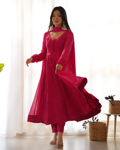 Faux Georgette Leheriya Print Anarkali 4M Flair Kurti Pant Dupatta Set (Ready To Wear) Ethenika.com