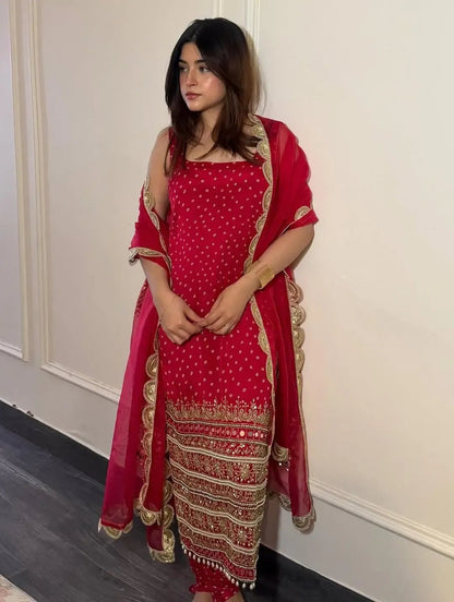 Faux Georgette Real Moti Mirror Work Bandhani Print Kurti Pant Dupatta Set (Ready to Wear) Ethenika.com