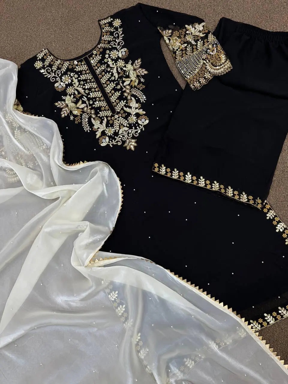 Faux Georgette Sequence Embroidery Work Designer Kurti Pant Dupatta Set Ethenika.com