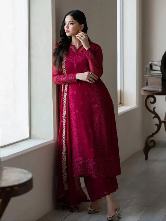 Faux Georgette Sequence Embroidery Work Designer Party Wear Kurti Pant Dupatta Set (Ready to Wear) Ethenika.com