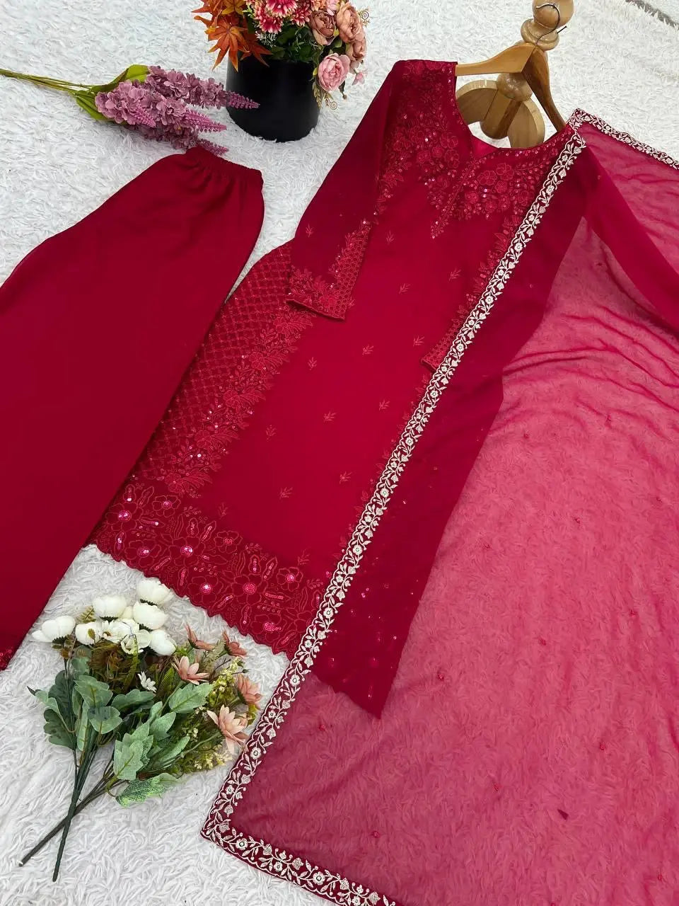 Faux Georgette Sequence Embroidery Work Designer Party Wear Kurti Pant Dupatta Set (Ready to Wear) Ethenika.com