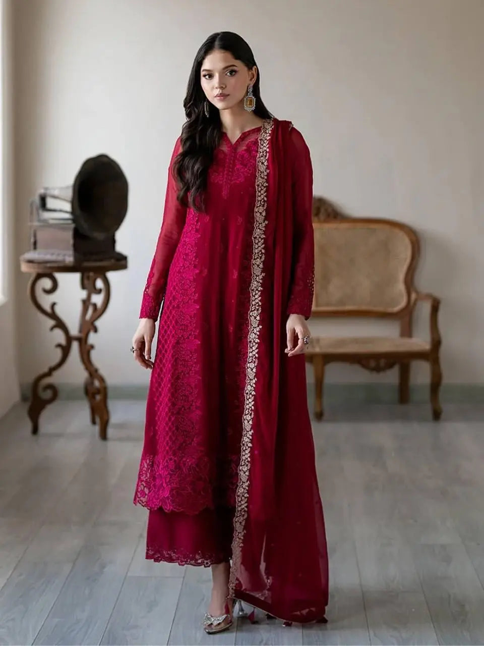Faux Georgette Sequence Embroidery Work Designer Party Wear Kurti Pant Dupatta Set (Ready to Wear) Ethenika.com