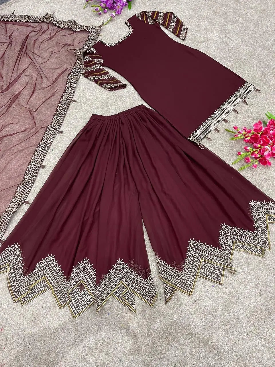 Faux Georgette Sequence Embroidery Work Kurti Sharara Dupatta Set (Ready to Wear) Ethenika.com