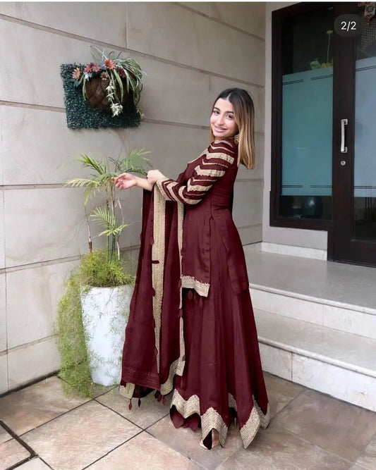 Faux Georgette Sequence Embroidery Work Kurti Sharara Dupatta Set (Ready to Wear) Ethenika.com