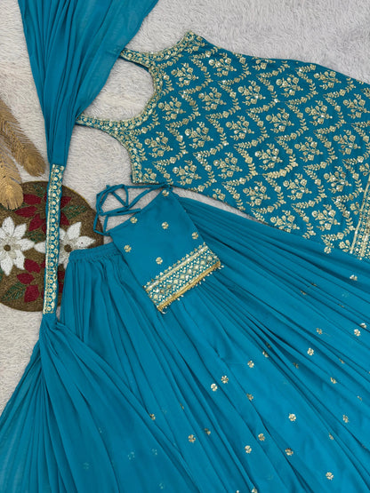 Faux Georgette Sequence Embroidery Work Sleeveless Kurti Sharara Dupatta with Bag Set(Ready to Wear) Ethenika.com