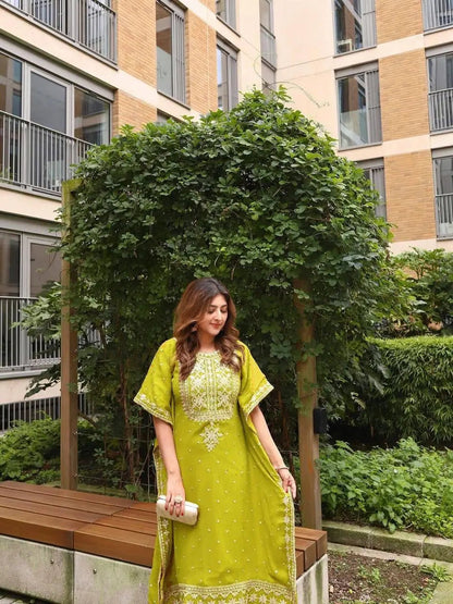 Faux Georgette Zari Embroidery Work Designer Kurti Pant Dupatta Set (Ready to Wear) Ethenika.com