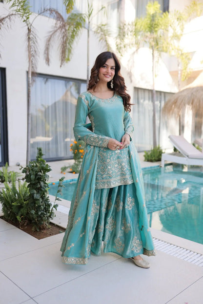 Fendi Silk Crush Sequence Embroidery Work Designer Kurti Sharara Dupatta Set Ethenika.com