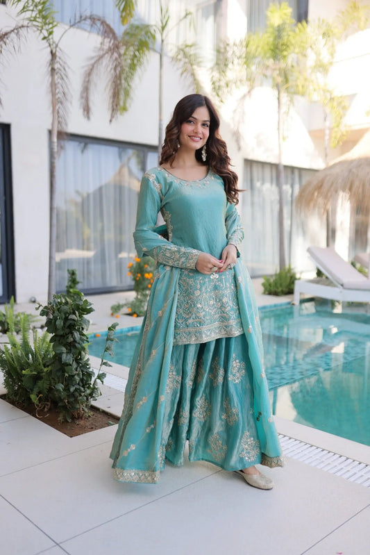 Fendi Silk Crush Sequence Embroidery Work Designer Kurti Sharara Dupatta Set Ethenika.com
