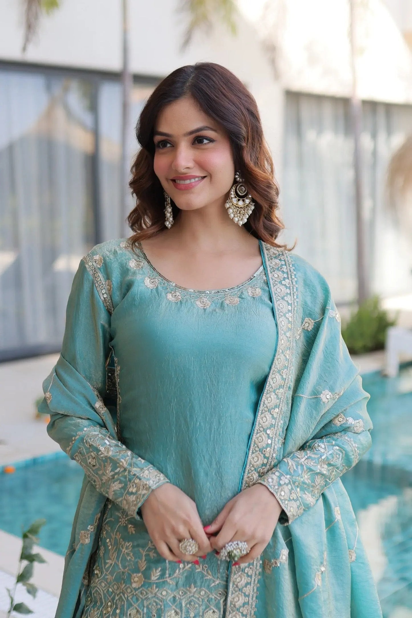 Fendi Silk Crush Sequence Embroidery Work Designer Kurti Sharara Dupatta Set Ethenika.com