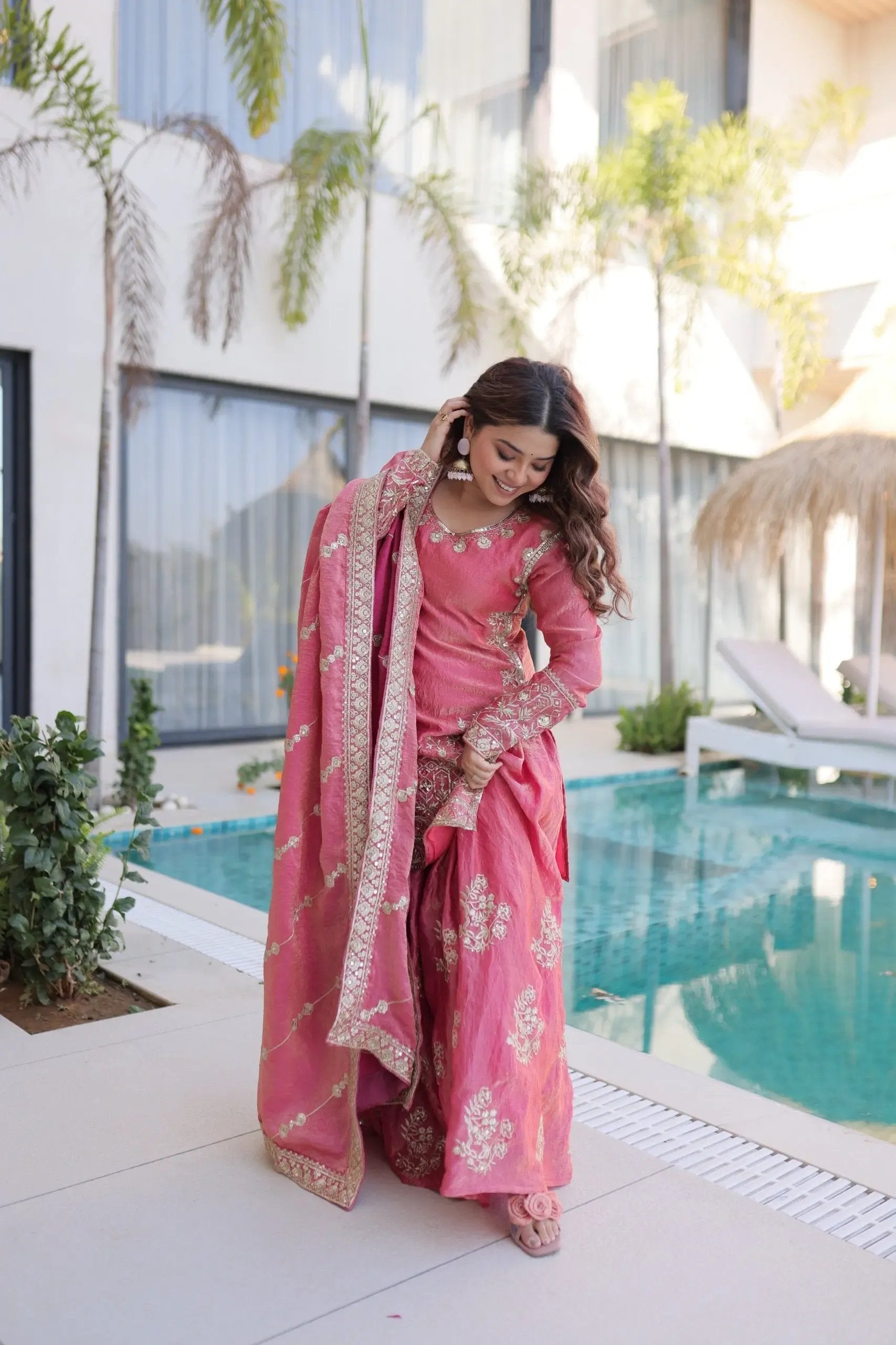 Fendi Silk Crush Sequence Embroidery Work Designer Kurti Sharara Dupatta Set Ethenika.com