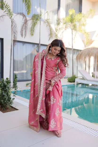 Fendi Silk Crush Sequence Embroidery Work Designer Kurti Sharara Dupatta Set Ethenika.com