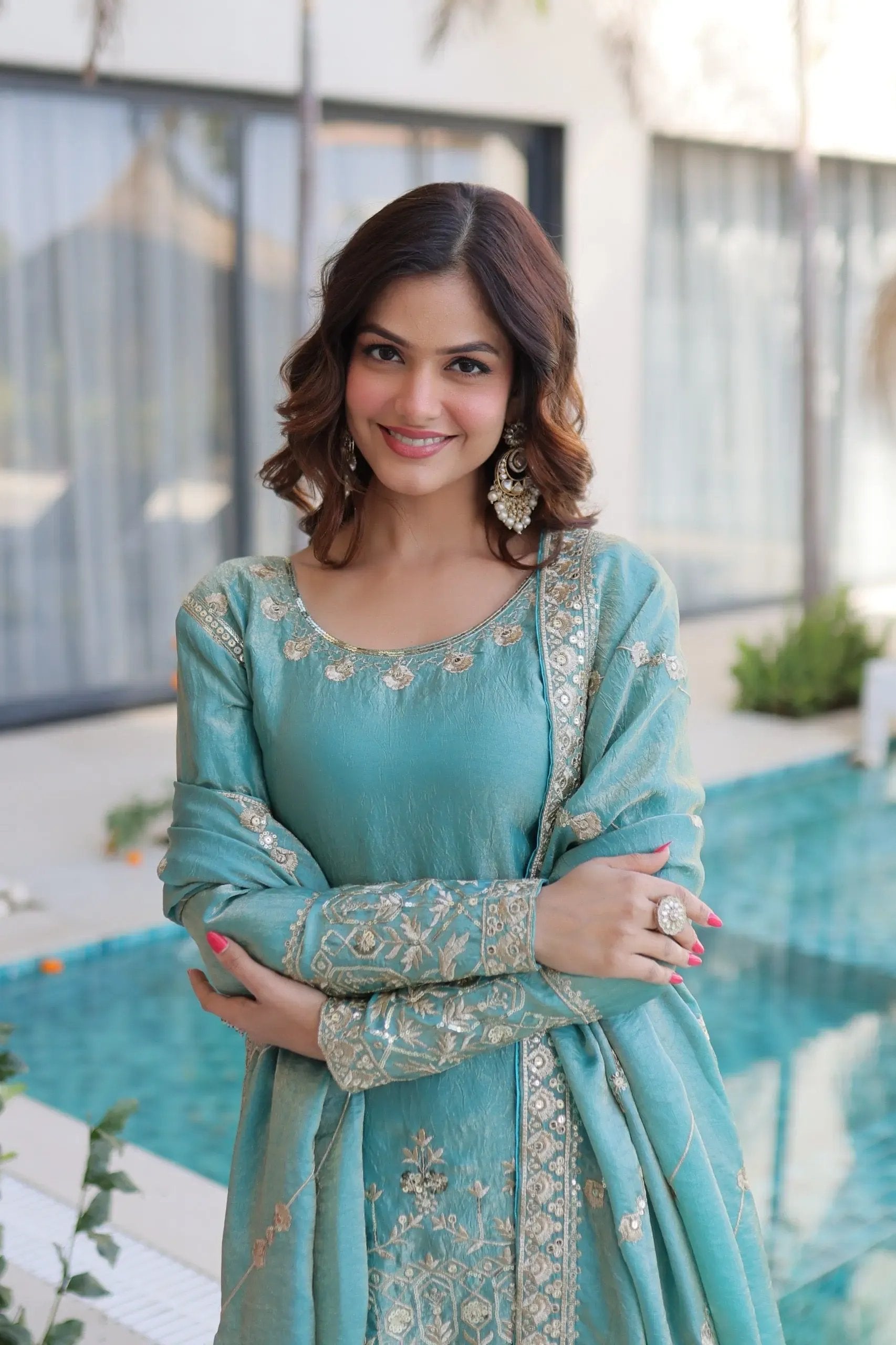 Fendi Silk Crush Sequence Embroidery Work Designer Kurti Sharara Dupatta Set Ethenika.com