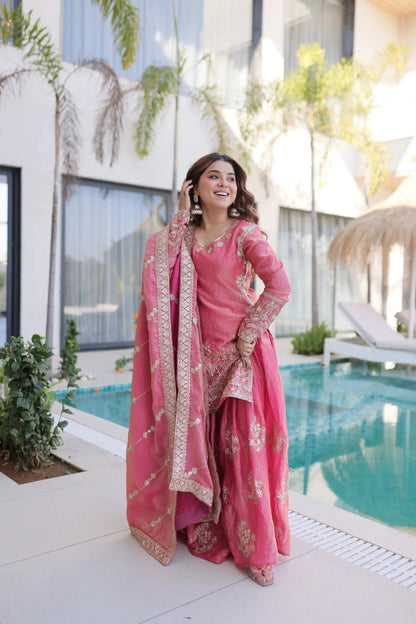Fendi Silk Crush Sequence Embroidery Work Designer Kurti Sharara Dupatta Set Ethenika.com