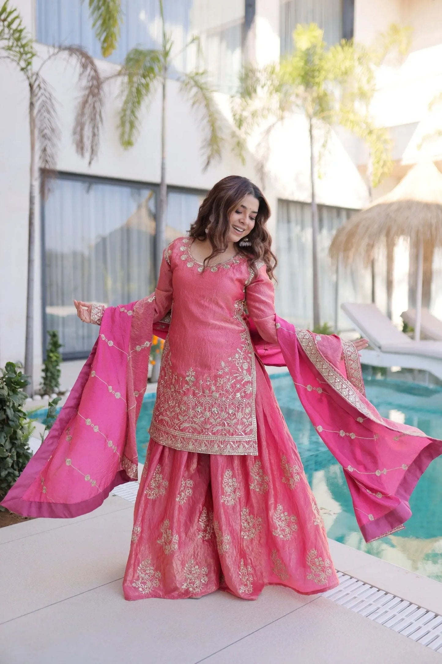 Fendi Silk Crush Sequence Embroidery Work Designer Kurti Sharara Dupatta Set Ethenika.com