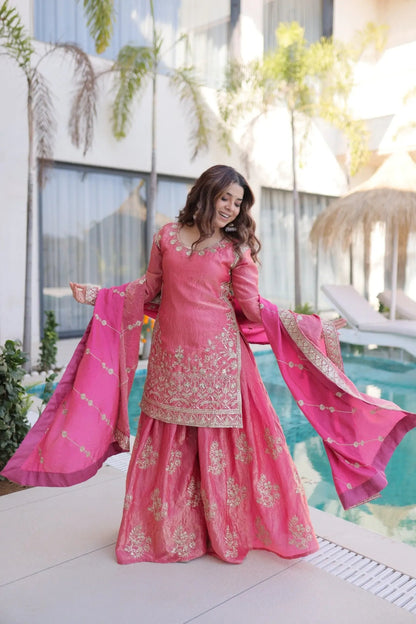 Fendi Silk Crush Sequence Embroidery Work Designer Kurti Sharara Dupatta Set Ethenika.com