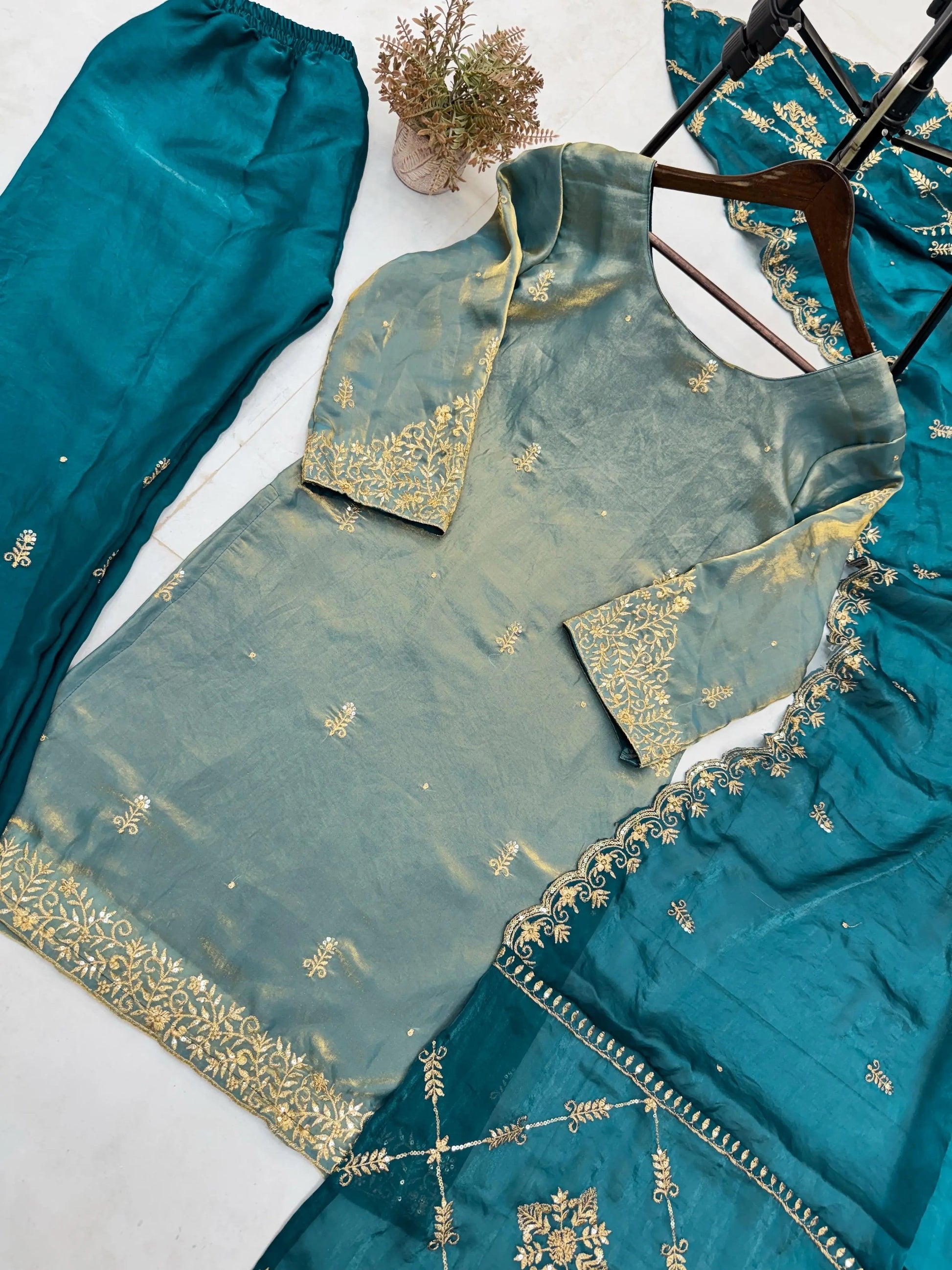 Fendi Silk Fabric Golden Hand Thread Embroidery work Kurti Palazzo Dupatta Set (Stitched) - Premium  from Ethenika.com  - Just INR 2990! Shop now at Ethenika.com 