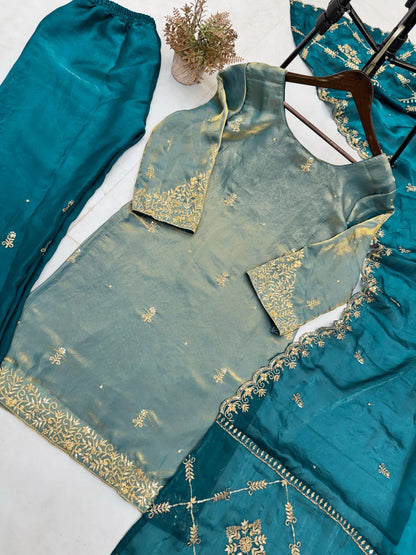 Fendi Silk Fabric Golden Hand Thread Embroidery work Kurti Palazzo Dupatta Set (Stitched) - Premium  from Ethenika.com  - Just INR 2990! Shop now at Ethenika.com 