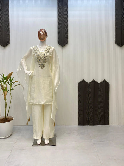 Fendi Silk Neck Read Mirror Work Embroidery DesignerKurti Palazzo Set (Ready to Wear) Ethenika.com