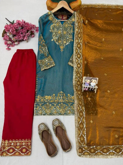 Fendy Silk Zari Embroidery Work Designer Party Wear 3 Pc Kurti Pant Dupatta Set (Ready to Wear) Ethenika.com