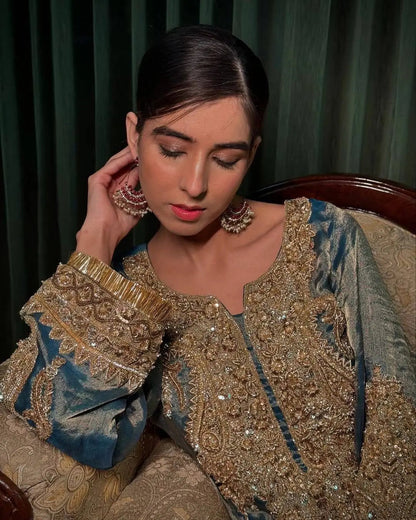 Fendy Silk Zari Embroidery Work Designer Party Wear 3 Pc Kurti Pant Dupatta Set (Ready to Wear) Ethenika.com