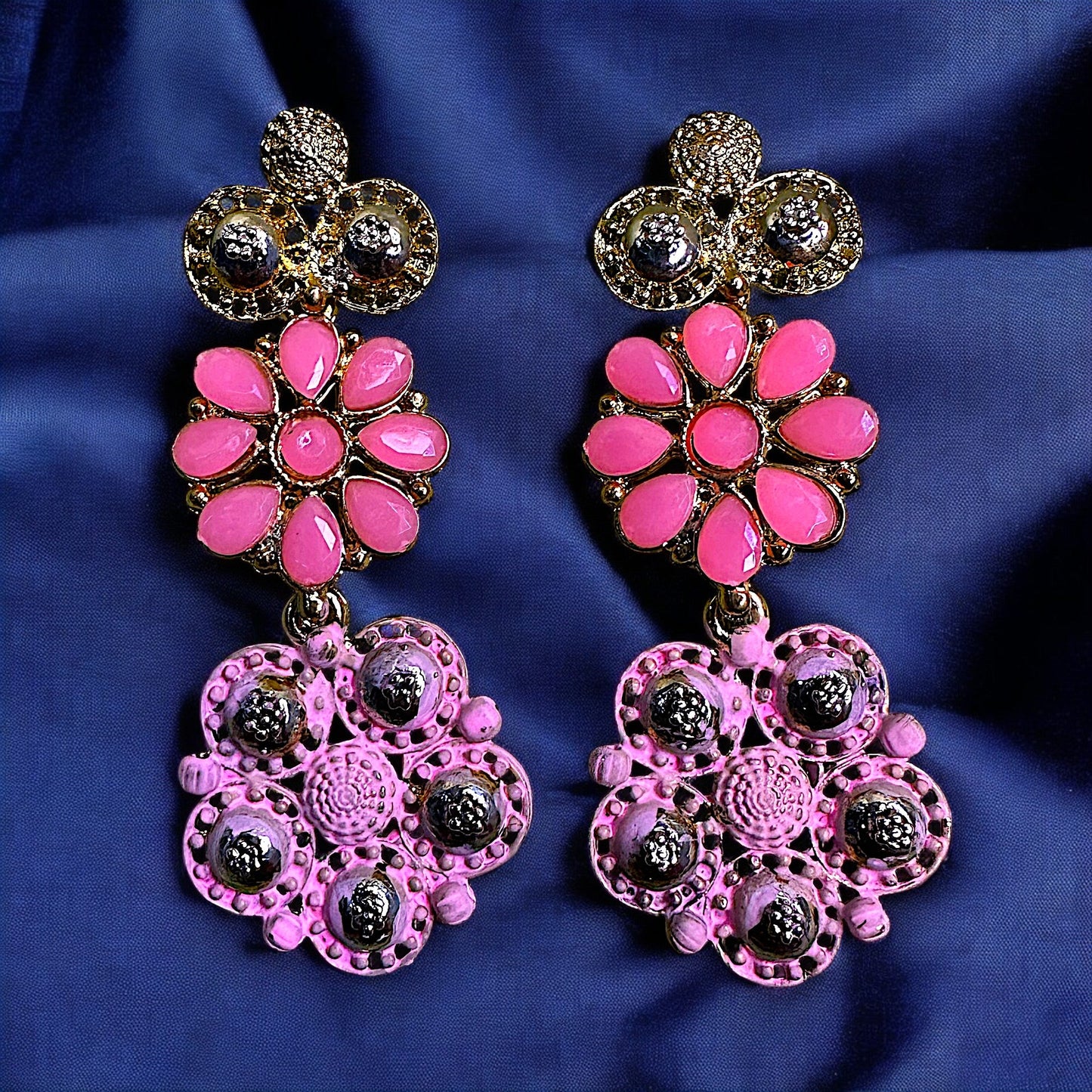 Double Flower Earrings Pink Earrings Ear Rings Earrings ethnic Trincket Jewellry Jewelry Jewellery