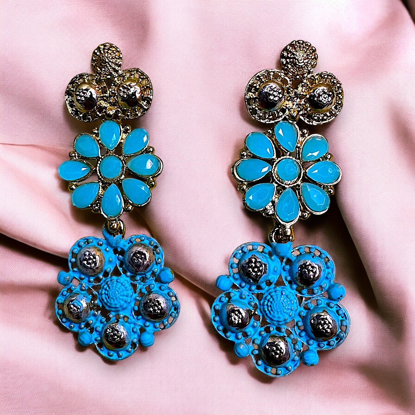 Double Flower Earrings Blue Earrings Ear Rings Earrings ethnic Trincket Jewellry Jewelry Jewellery