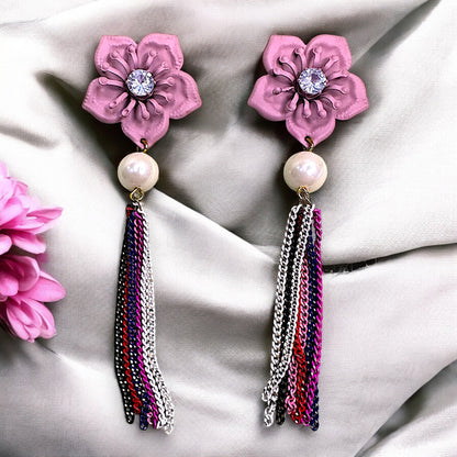 Flower & Chain Dangle Earring Pink Earrings casuals Ear Rings Earrings Trincket Jewellry Jewelry Jewellery