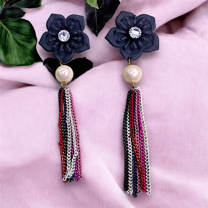 Flower & Chain Dangle Earring dark grey Earrings casuals Ear Rings Earrings Trincket Jewellry Jewelry Jewellery