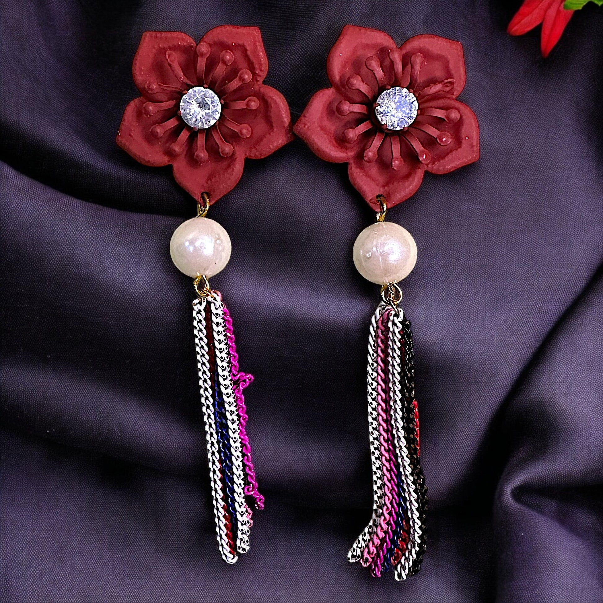 Flower & Chain Dangle Earring Red Earrings casuals Ear Rings Earrings Trincket Jewellry Jewelry Jewellery