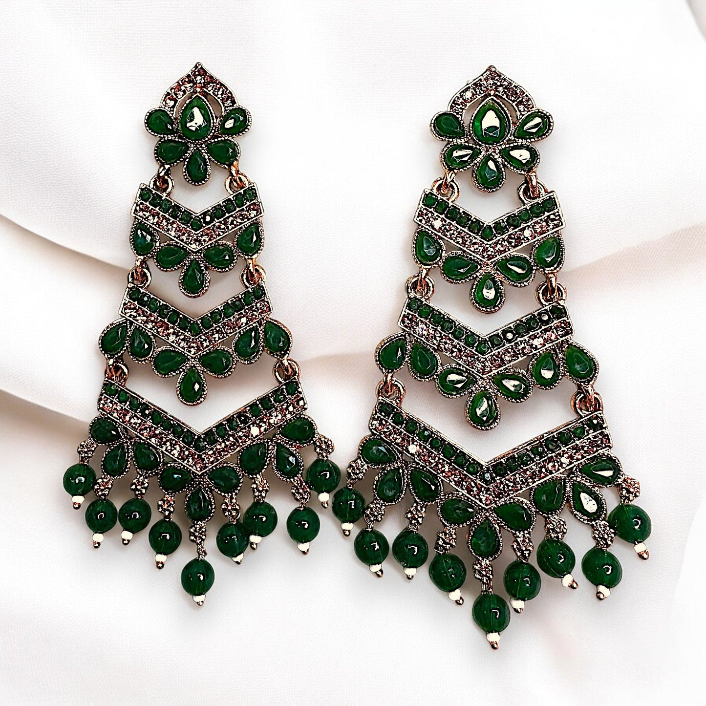 Golden Base Long Heavy Dangles Green Earrings Ear Rings Earrings ethnic Trincket Jewellry Jewelry Jewellery