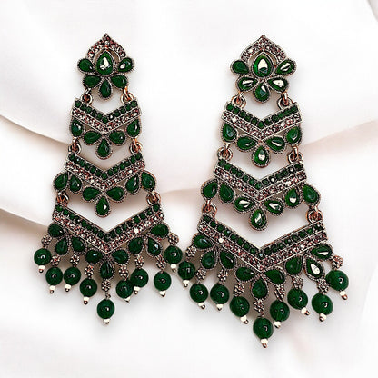 Golden Base Long Heavy Dangles Green Earrings Ear Rings Earrings ethnic Trincket Jewellry Jewelry Jewellery