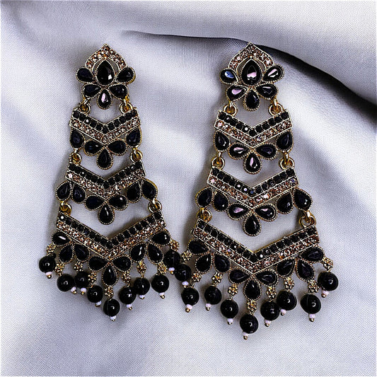Golden Base Long Heavy Dangles Black Earrings Ear Rings Earrings ethnic Trincket Jewellry Jewelry Jewellery