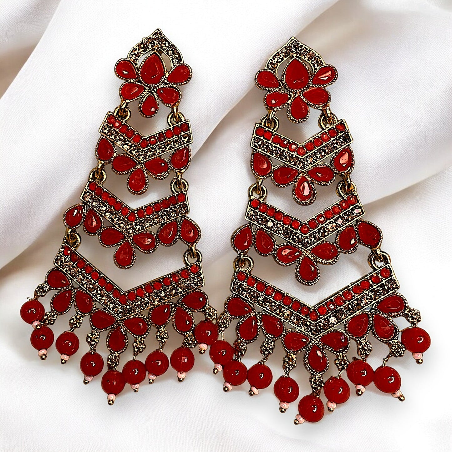 Golden Base Long Heavy Dangles Red Earrings Ear Rings Earrings ethnic Trincket Jewellry Jewelry Jewellery