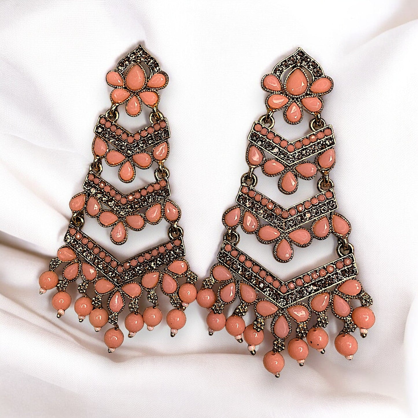 Golden Base Long Heavy Dangles Peach Earrings Ear Rings Earrings ethnic Trincket Jewellry Jewelry Jewellery