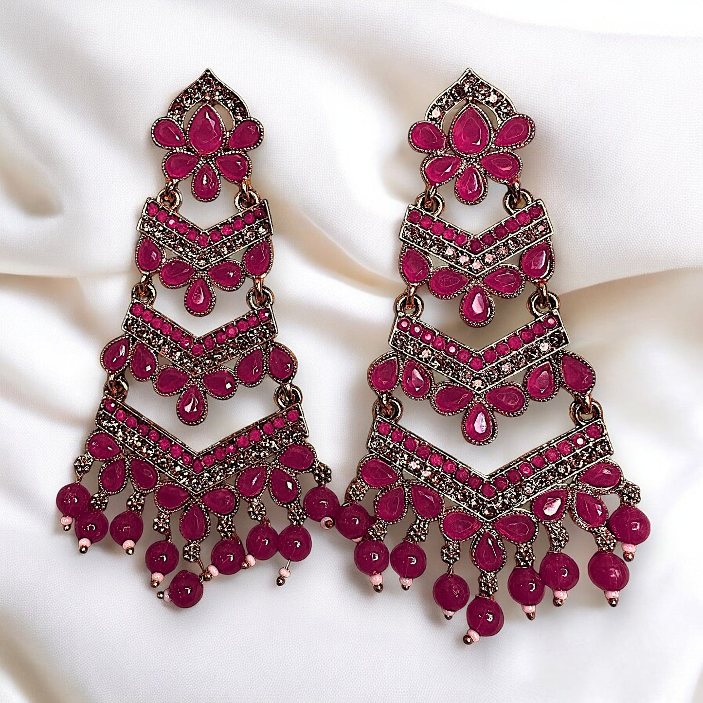 Golden Base Long Heavy Dangles Magenta Earrings Ear Rings Earrings ethnic Trincket Jewellry Jewelry Jewellery