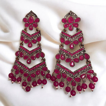 Golden Base Long Heavy Dangles Magenta Earrings Ear Rings Earrings ethnic Trincket Jewellry Jewelry Jewellery