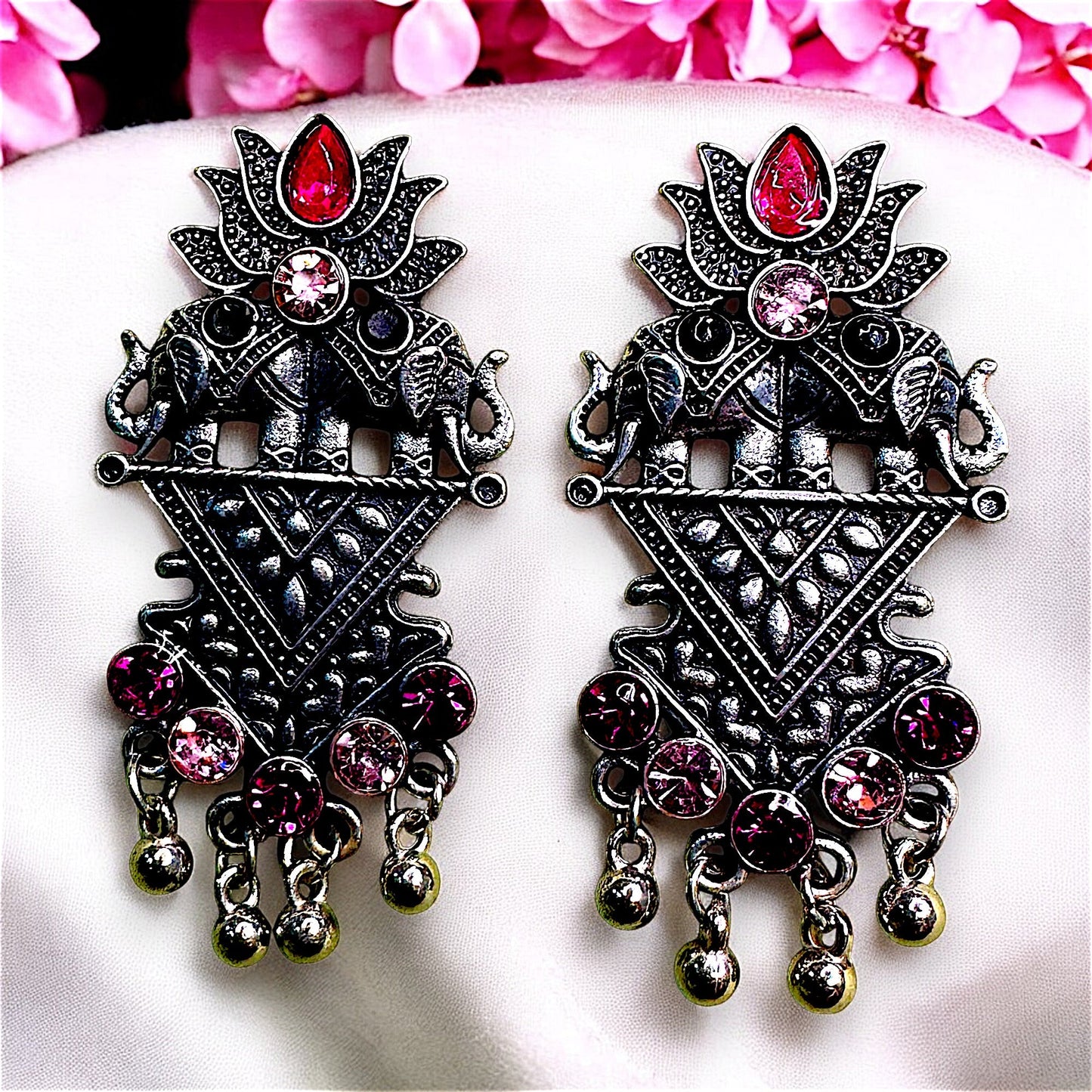 Oxidized Lotus Earrings Pink Earrings Ear Rings Earrings ethnic Trincket Jewellry Jewelry Jewellery