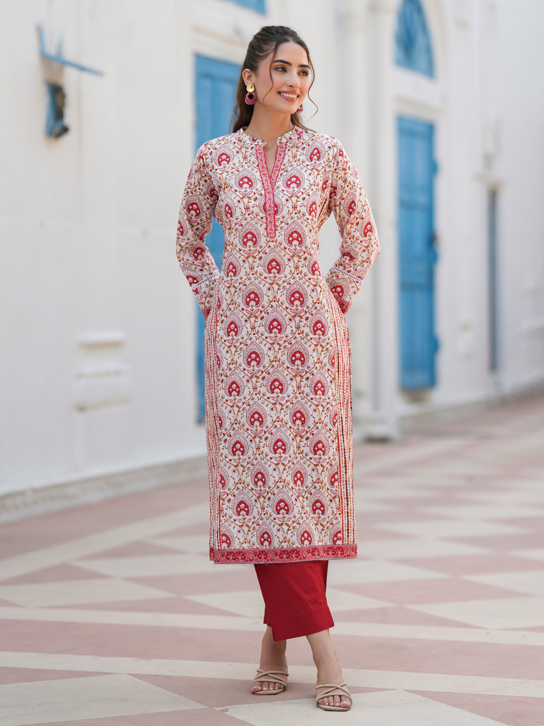 Floral Print Cotton A-Line Kurta