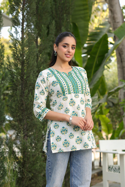 Floral printed notch neck pure cotton kurti for women