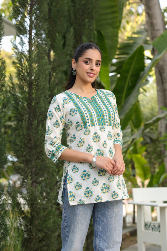 Floral printed notch neck pure cotton kurti for women