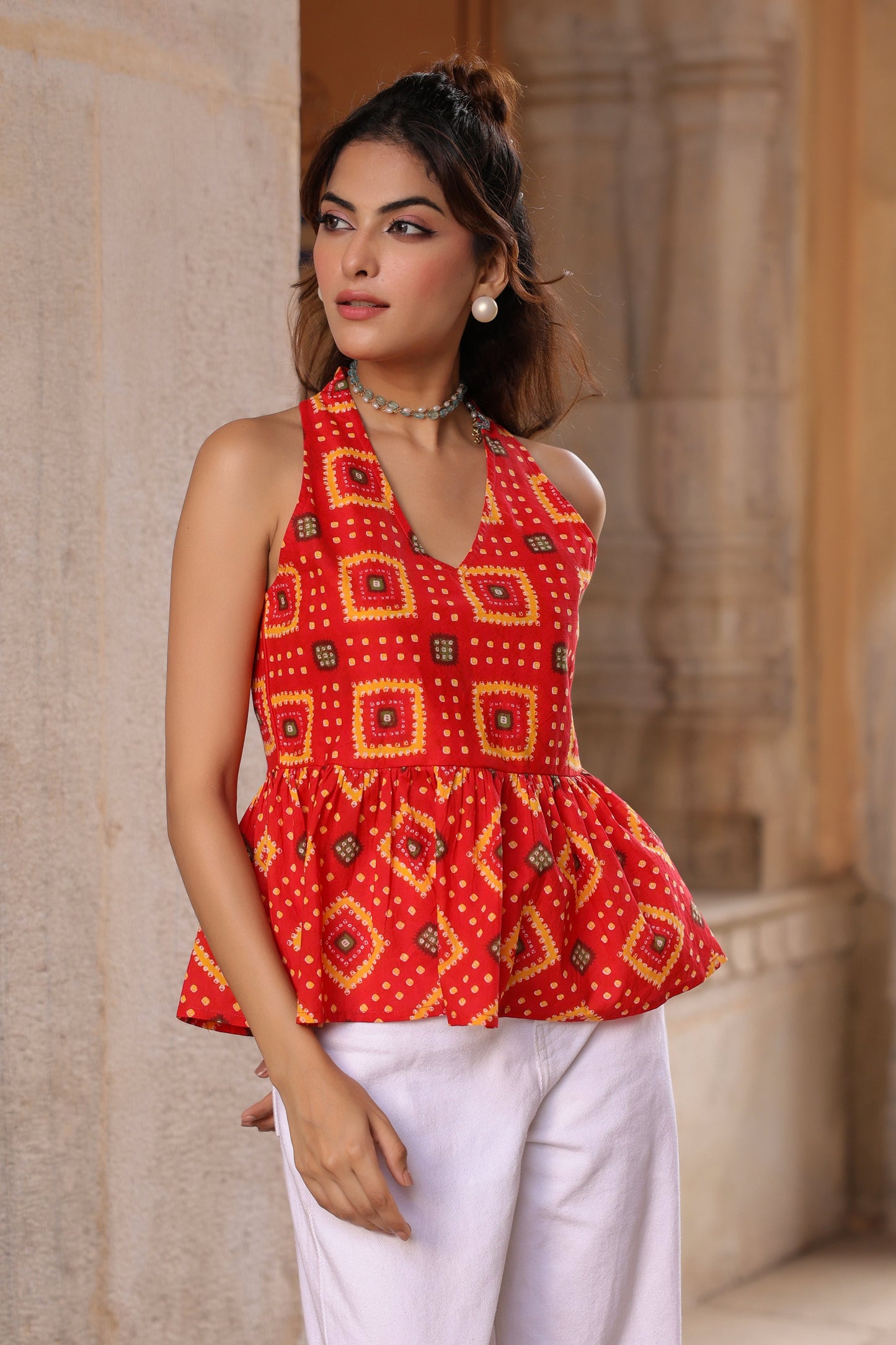 Floral printed red peplum top