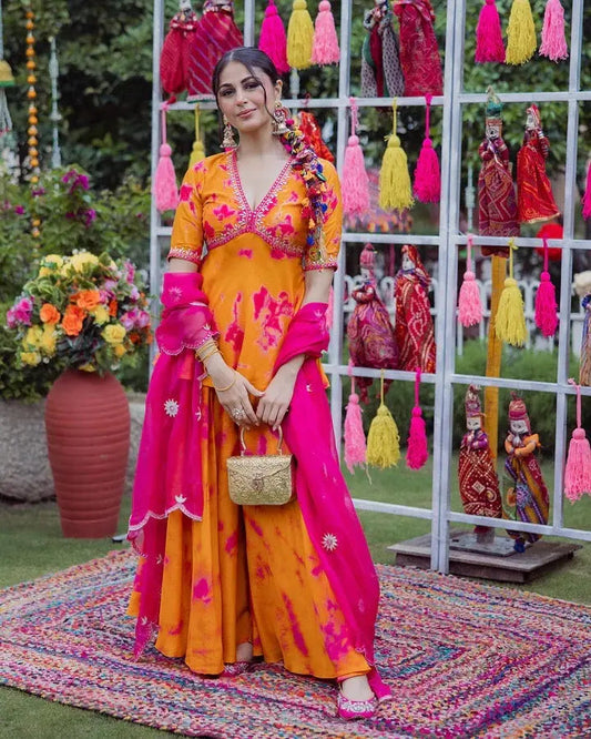 French Crepe Fabric Digital Print Work Flair Top 3Pc Kurti Pant Dupatta Set (Ready to Wear) Ethenika.com