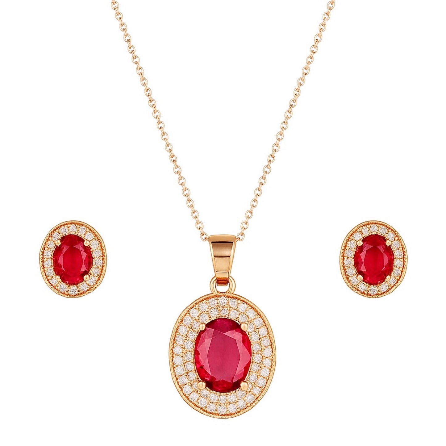 Rose Gold Plated Ruby Red Oval Pendant Necklace and Earring Set for Women and Girls