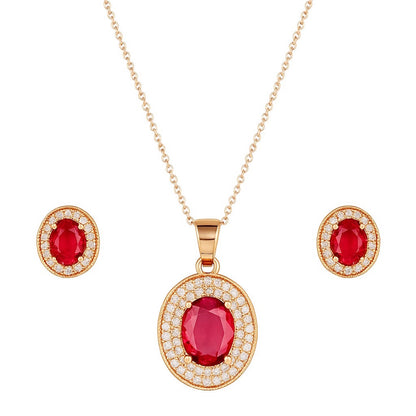 Rose Gold Plated Ruby Red Oval Pendant Necklace and Earring Set for Women and Girls