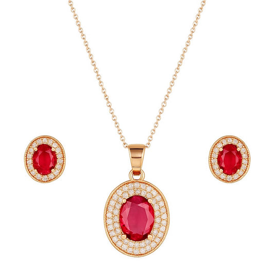 Rose Gold Plated Ruby Red Oval Pendant Necklace and Earring Set for Women and Girls