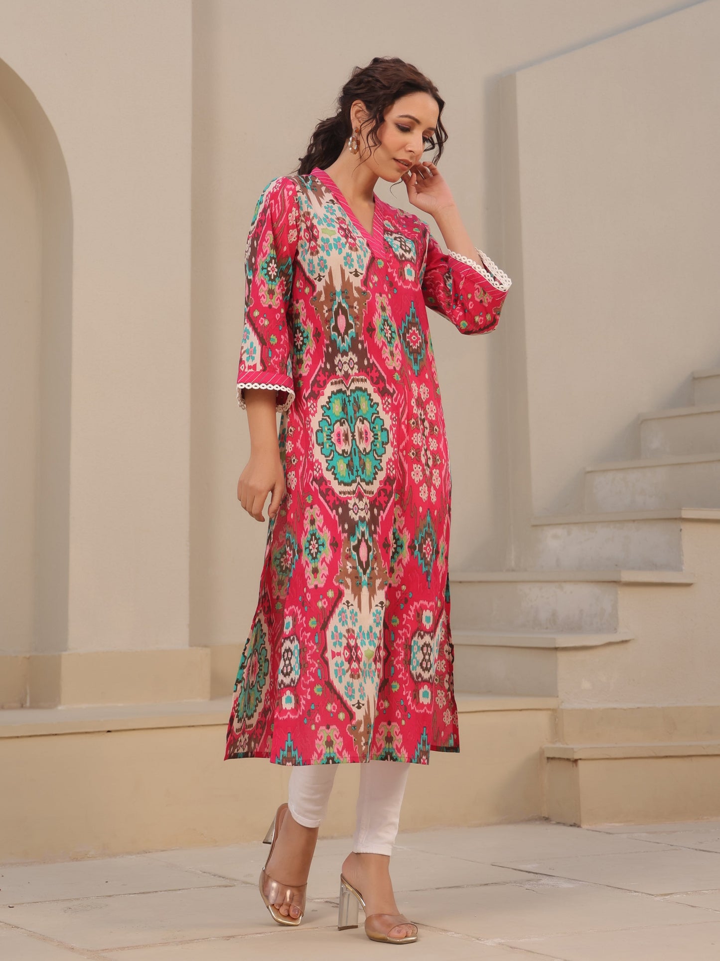 Fuchsia printed cotton kurta
