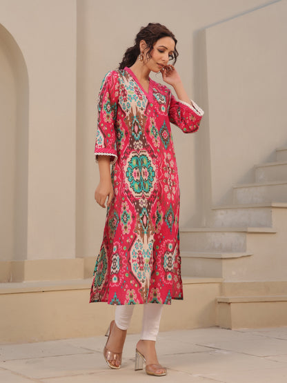 Fuchsia printed cotton kurta